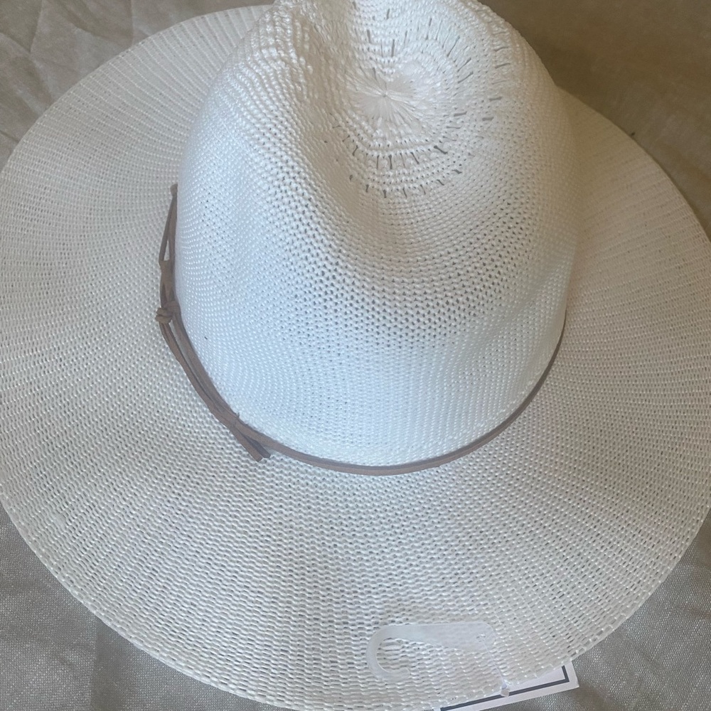 White Woven Sun Hat with Brown Band